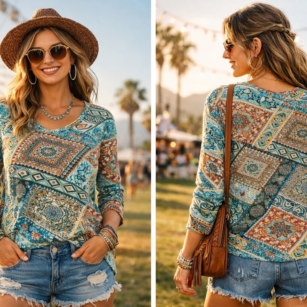 white stag y2k boho patchwork beaded turquoise long sleeve cotton top womens m